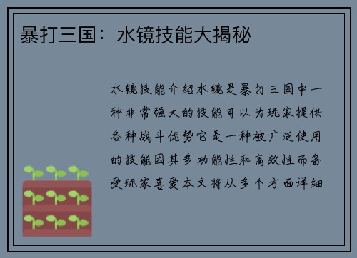 暴打三国：水镜技能大揭秘
